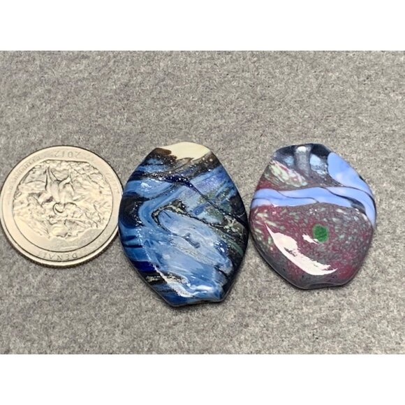 Handmade Abstract Lampwork Glass Beads Set of 2 Unique Blue & Multicolor Design - Picture 6 of 6